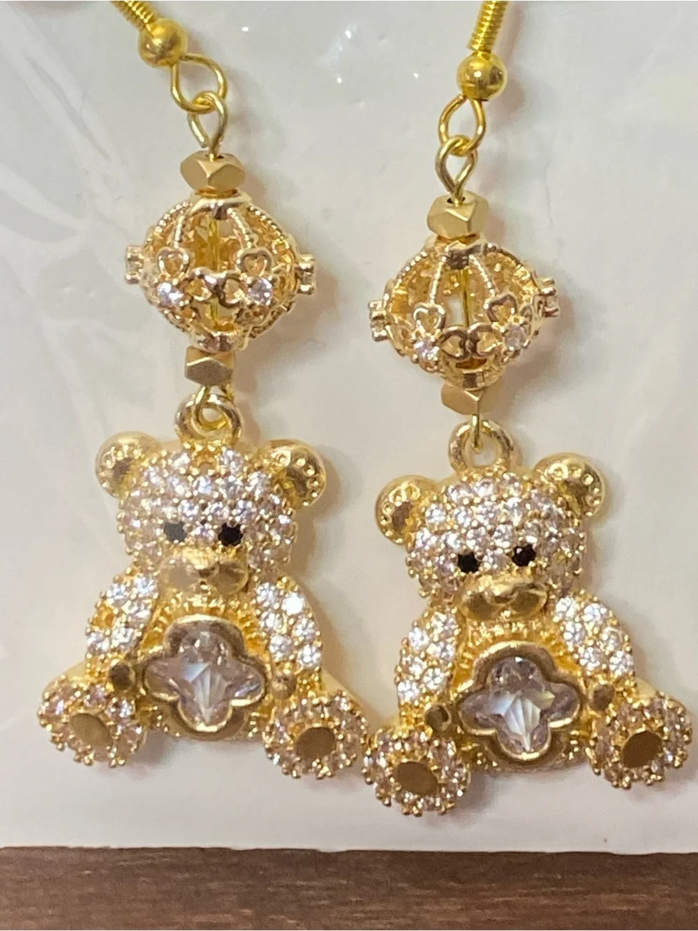 Jenny Leigh Rhinestone Gold Tone Teddy Bear Dangle Earrings NWT